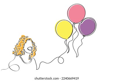 Continuous line art of a happy woman seeing balloons. Pregnancy announcement. Birthday celebration concept art. Day of happiness. Little things that matter a lot.