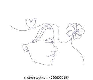 Continuous line art of a happy woman with a flower and heart shape symbol, lineart vector illustration.