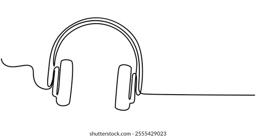 continuous line art of headphone speaker device gadget, Continuous one line drawing of headphones speaker for podcast web banner. Music gadget and earphones devices in simple linear style. Editable. 