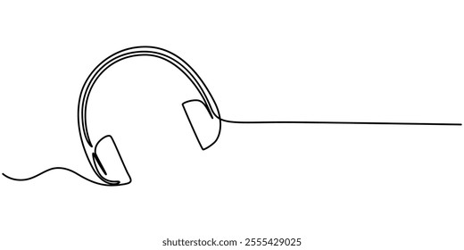 continuous line art of headphone speaker device gadget, Continuous one line drawing of headphones speaker for podcast web banner. Music gadget and earphones devices in simple linear style. Editable. 