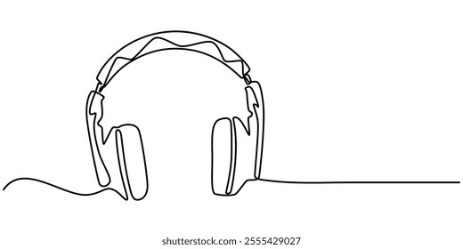 continuous line art of headphone speaker device gadget, Continuous one line drawing of headphones speaker for podcast web banner. Music gadget and earphones devices in simple linear style. Editable. 