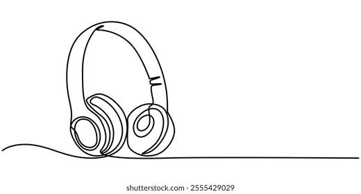 continuous line art of headphone speaker device gadget, Continuous one line drawing of headphones speaker for podcast web banner. Music gadget and earphones devices in simple linear style. Editable. 