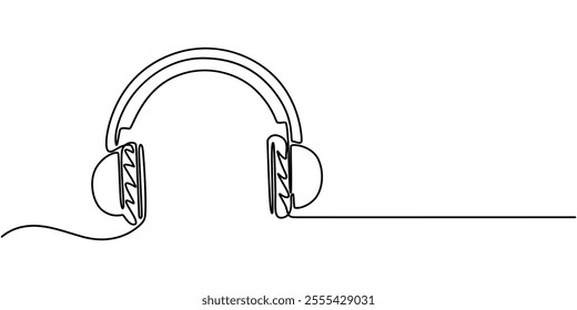 continuous line art of headphone speaker device gadget, Continuous one line drawing of headphones speaker for podcast web banner. Music gadget and earphones devices in simple linear style. Editable. 