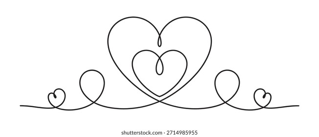 Linha contínua arte coração divisor de borda, amor redemoinho monolina ornamento, ilustração vetorial