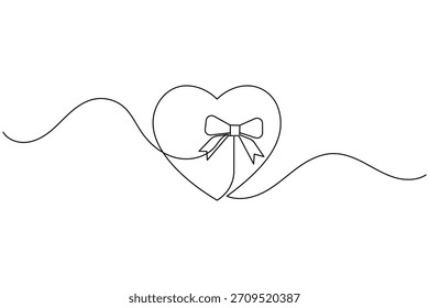 Continuous line art of a heart with a bow, symbolizing love, gifts, and romance