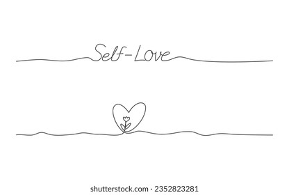 Continuous line art of a heart with flower and self-love hand lettering, lineart vector illustration.	