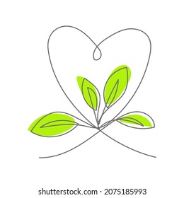Corazón de arte continuo con hojas verdes, símbolo ecológico. Ilustración del vector