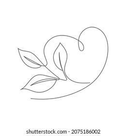 Continuous line art heart with leaves, eco symbol. Vector illustration