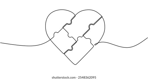 Continuous line art of a heart made from puzzle pieces, symbolizing love, connection, and completeness in a minimalist design.