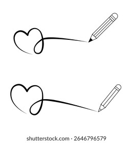 Continuous Line Art Heart with Pencil Drawing "Love". Minimalist continuous line art illustration of a pencil drawing a heart and the word "love" in elegant script.