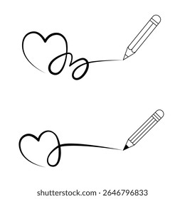 Continuous Line Art Heart with Pencil Drawing "Love". Minimalist continuous line art illustration of a pencil drawing a heart and the word "love" in elegant script. vector illustration.