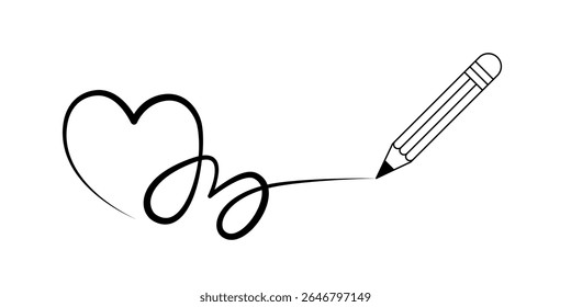 Continuous Line Art Heart with Pencil Drawing "Love". Minimalist continuous line art illustration of a pencil drawing a heart and the word "love" in elegant script. Perfect for romantic.