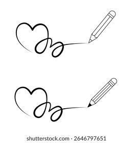 Continuous Line Art Heart with Pencil Drawing "Love". Minimalist continuous line art illustration of a pencil drawing a heart and the word "love" in elegant script. Perfect for romantic or creative.