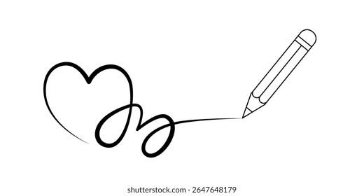 Continuous Line Art Heart with Pencil Drawing "Love". Minimalist continuous line art illustration of a pencil drawing a heart and the word "love" in elegant script. vector illustration.