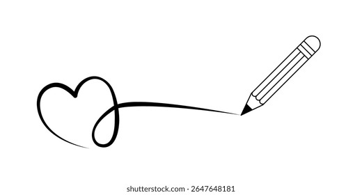 Continuous Line Art Heart with Pencil Drawing "Love". Minimalist continuous line art illustration of a pencil drawing a heart and the word "love" in elegant script.