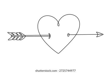 Continuous line art heart pierced by cupid arrow symbolizing love passion connection graphic element