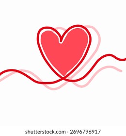 Coração de arte de linha contínua com preenchimento vermelho. Emblema de coração vermelho simples desenhado à mão na linha ondulada