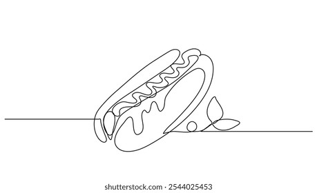 Continuous line art Hot Dog with ketchup and mayo melted for vector illustration. Concept fast food, food, restaurant, food business