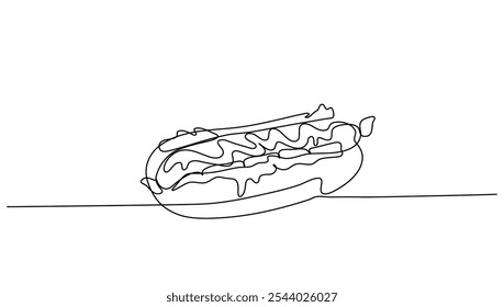 Continuous line art Hot Dog sausage full topped, ketchup,mayo melted for vector illustration. Concept fast food, food, restaurant, food business	