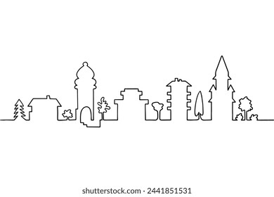 Continuous line art houses, single line sketch, isolated on white background. One continuous line drawing. City, street, houses symbol, travel concept.