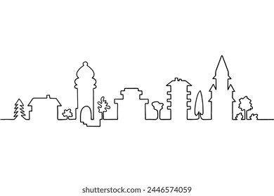 Continuous line art houses, single line sketch, isolated on white background. One continuous line drawing. City, street, houses symbol, travel concept.