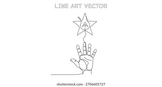 Continuous line art of a human hand pointing at a star with a navigation arrow representing aiming for success