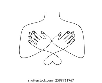 Continuous line art of human hands doing butterfly hug, editable lineart vector illustration.