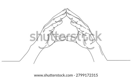 Continuous line art of human hands joined in prayer or focused gesture with fingertips meditation mindfulness spiritual minimalist monoline illustration religion wellness serenity connection