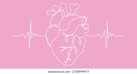 Corazón humano del arte de la línea continua con la onda del pulso en fondo rosado