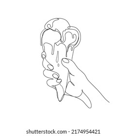 Continuous line art Ice cream in human hand modern simple drawing.Vector illustration.Ice cream cone Minimalistic