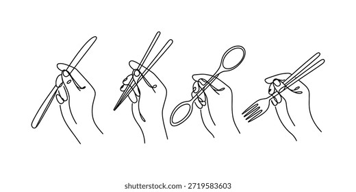 Continuous line art illustrating hands holding diverse dining utensils Vector, illustration