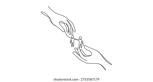 Continuous line art illustrating hands giving and receiving support to two connected human figures, symbolizing help and unity. Vector, illustration