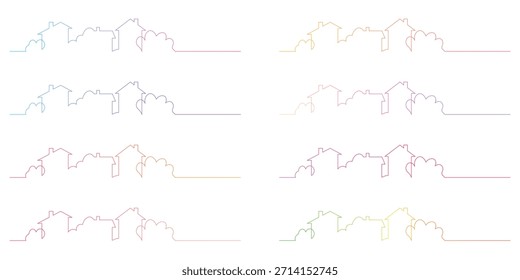 Continuous line art illustration of a charming neighborhood cityscape featuring minimalist outline houses and lush bushes with vibrant gradient colors against a clean white background representing modern architecture and residential living
