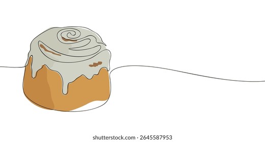 Continuous line art illustration of a cinnamon roll with icing, perfect for bakery, dessert menu, or sweet pastry-themed designs.
