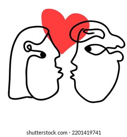 Continuous line art illustration of couple in love,fashion print with abstract man and woman face,modern design for Valentine's postcard,minimalistic style portrait,one line vector drawing