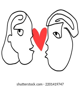 Continuous line art illustration of couple in love,fashion print with abstract man and woman face,modern design for Valentine's postcard,minimalistic style portrait,one line vector drawing