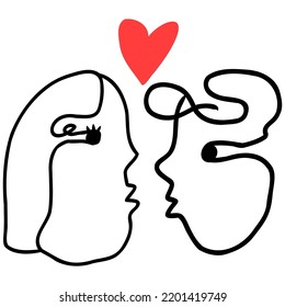 Continuous line art illustration of couple in love,fashion print with abstract man and woman face,modern design for Valentine's postcard,minimalistic style portrait,one line vector drawing