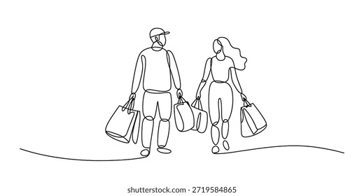Ilustração de arte de linha contínua de um casal andando com sacolas de compras Vetor, ilustração