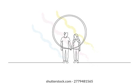 Continuous line art illustration couple holding hands within a circle. Abstract brush strokes background. Unity and connection.