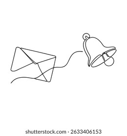 Ilustración de arte lineal continuo de un sobre y una campana que representan señales de notificación