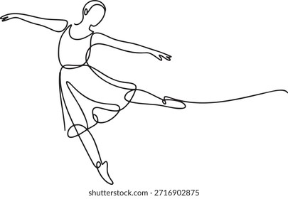 Ilustração de arte de linha contínua com bela dançarina de balé feminina realizando movimento gracioso. Esboço minimalista perfeito para decoração de estúdio de dança ou fundo de projeto artístico.
