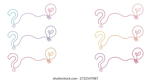 Ilustración de arte lineal continuo con signos de interrogación conectados a bombillas que representan resolución de problemas e ideas creativas