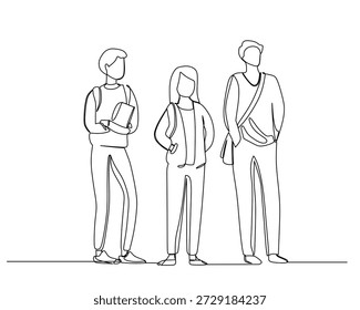 Ilustración de arte de línea continua con tres jóvenes estudiantes diversos, uno sosteniendo un libro y otro con una bolsa de mensajero, de pie juntos