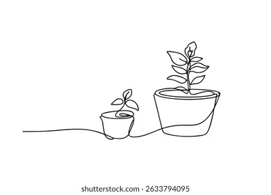 Ilustración de arte lineal continuo de plantas en crecimiento en macetas que simbolizan el crecimiento y el desarrollo