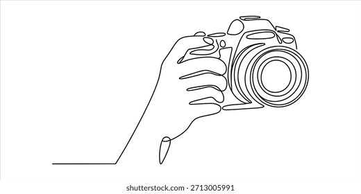Continuous line art illustration of a hand holding a digital camera on a white background Vector, illustration