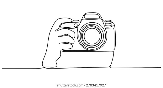 Ilustración de arte lineal continuo de una mano humana sosteniendo una cámara réflex digital moderna, que simboliza la creatividad, la tecnología y la Fotografía artística.