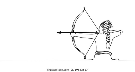 Ilustração de arte de linha contínua de um arqueiro indígena apontando um arco e seta Vetor, ilustração