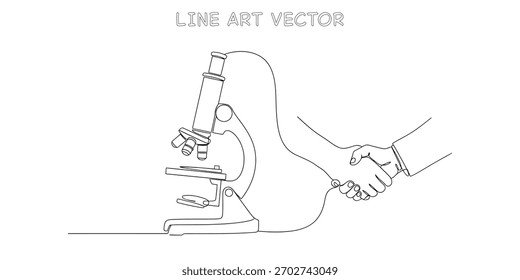 Uma ilustração em linha contínua de um microscópio e um aperto de mão, representando um acordo em ciência, parceria de pesquisa, acordo médico ou colaboração em inovação