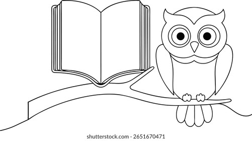 Continuous Line Art Illustration of an Owl with Large Eyes Perched Beside an Open Book Symbolizing Wisdom and Learning