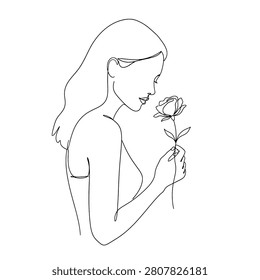 Continuous line art illustration of a serene woman gently holding and appreciating the fragrance of a beautiful blooming rose, symbolizing purity and connection with nature